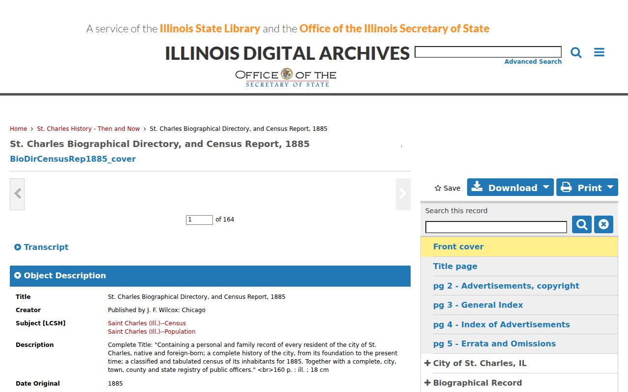 Digitized 1885 St. Charles Biographical Directory and Census Report