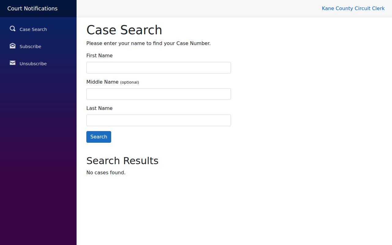 Kane County Court Notifications name search serving St. Charles