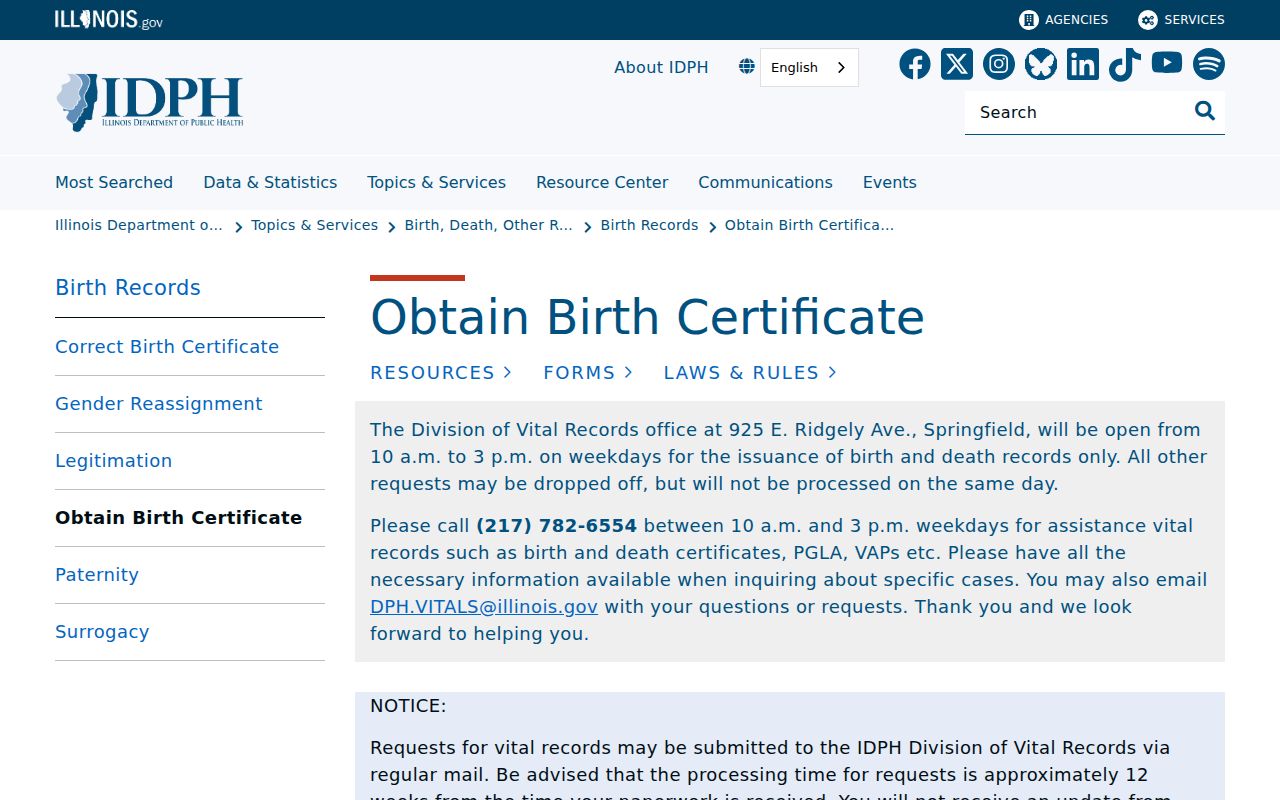 Illinois Department of Public Health birth certificate instructions for St. Charles research